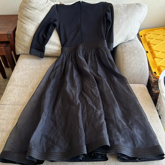 80s black Tadashi Organza and Jersey Gown tulle layers bow mid sleeve boat neck - Picture 9 of 16